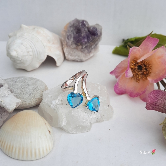 925 Ring 💙💙 2 Hearts Aqua Marine Blue Facetted Stones, Silver - Picture 7 of 7